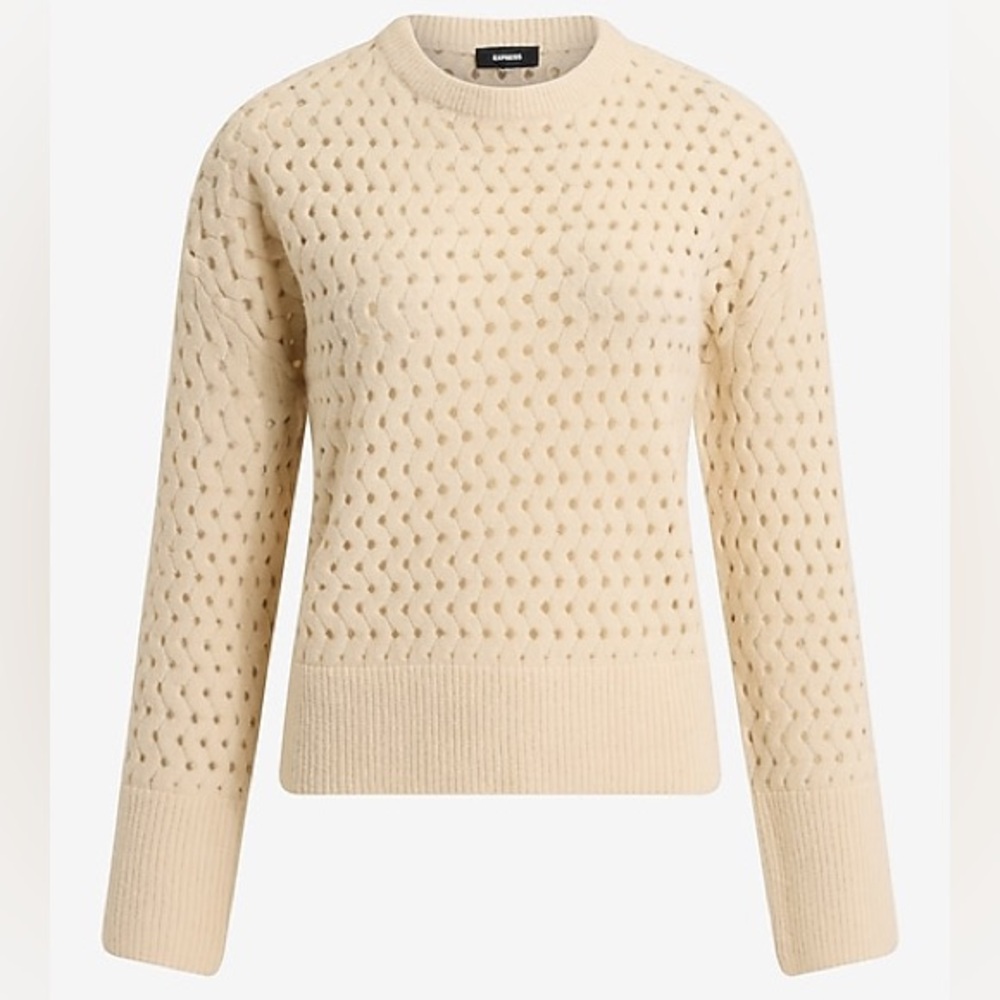 NEW Express Open Stitch Crew Neck Sweater Cream Cozy Soft XS